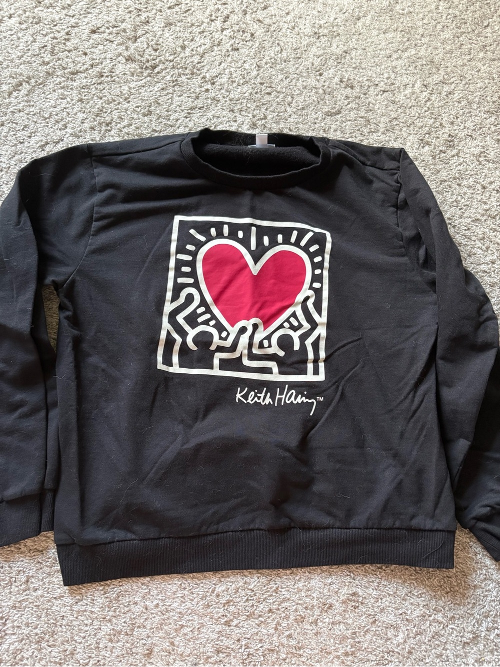 Keith Haring Women’s Black Sweatshirt with Red Heart Graphic